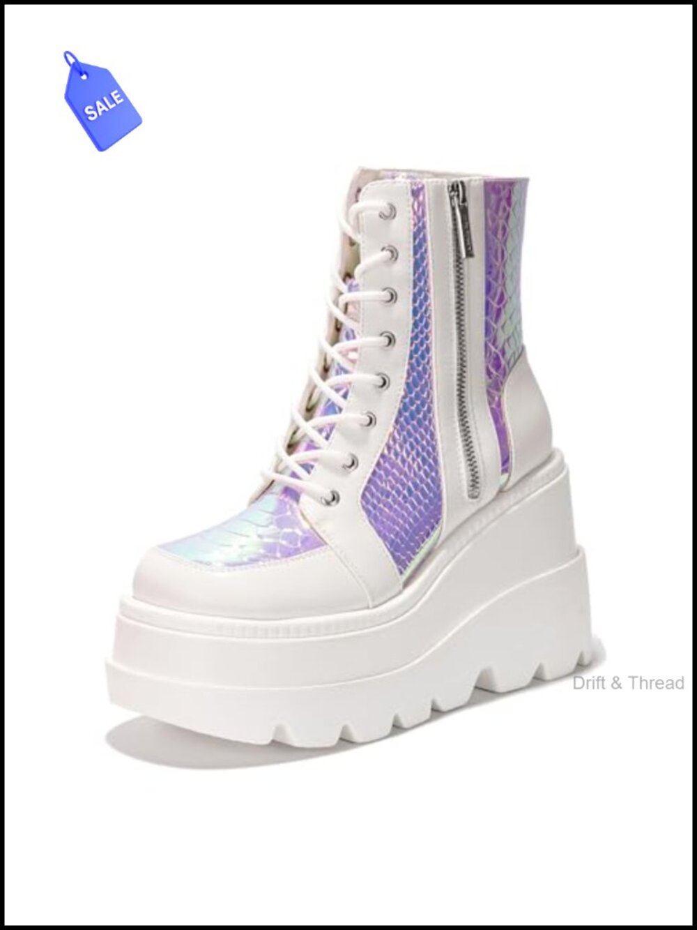 Holographic Snakeskin Platform Ankle Boots with Block Heel